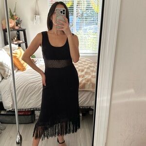 Olivaceous black midi dress with fringe hem